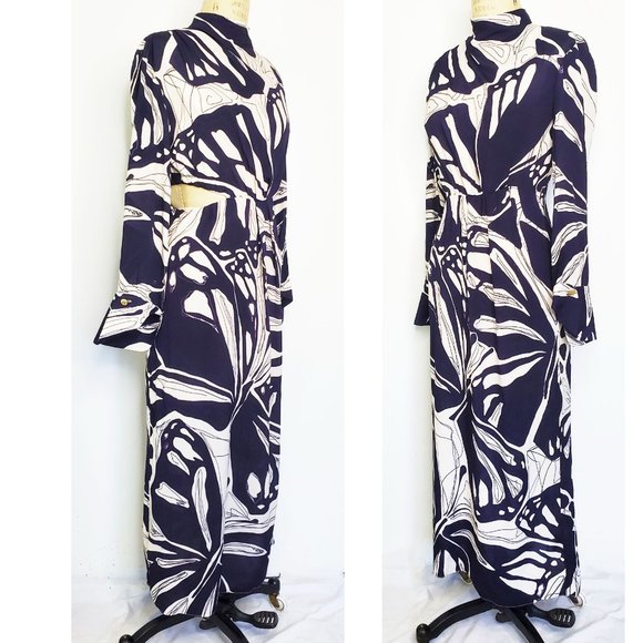 ZARA Womens Abstract Printed Cut-out Midriff Midi Dress Navy/Off-White S NWT - Picture 2 of 14